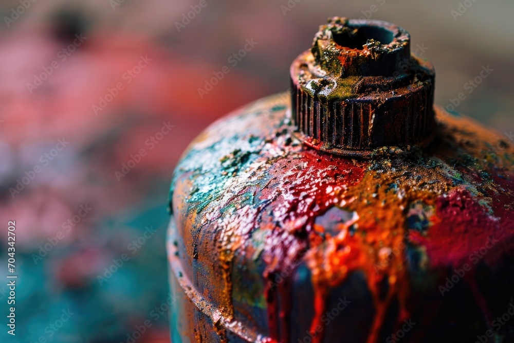Fototapeta premium A close up view of a fire hydrant with paint on it. This image can be used to depict urban street art or as a background element in a cityscape scene