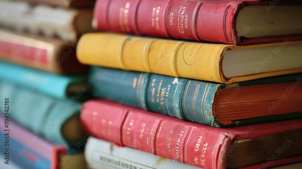A stack of books neatly arranged on top of each other. Suitable for educational and reading-related content