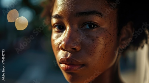 A detailed close-up of a woman's face showcasing her beautiful freckles. Perfect for beauty and skincare advertisements or natural beauty concepts