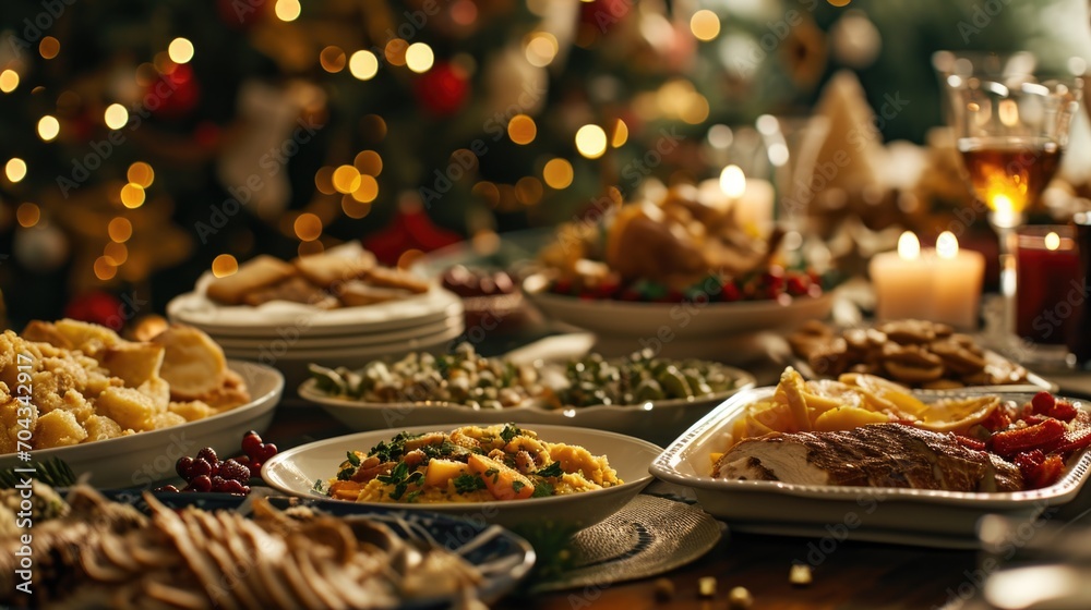 A table filled with plates of food and a Christmas tree in the background. Perfect for holiday celebrations and festive gatherings A table filled with plates of food and a Christmas tree in the background. Perfect for holiday celebrations and festive gatherings