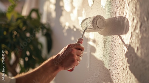 A person is using a paint roller to paint a wall. This image can be used to depict home improvement or renovation projects