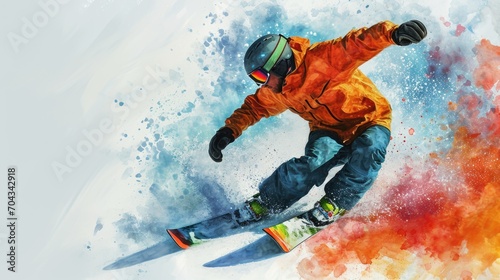 A man riding a snowboard down a snow covered slope. Perfect for winter sports and adventure-themed projects