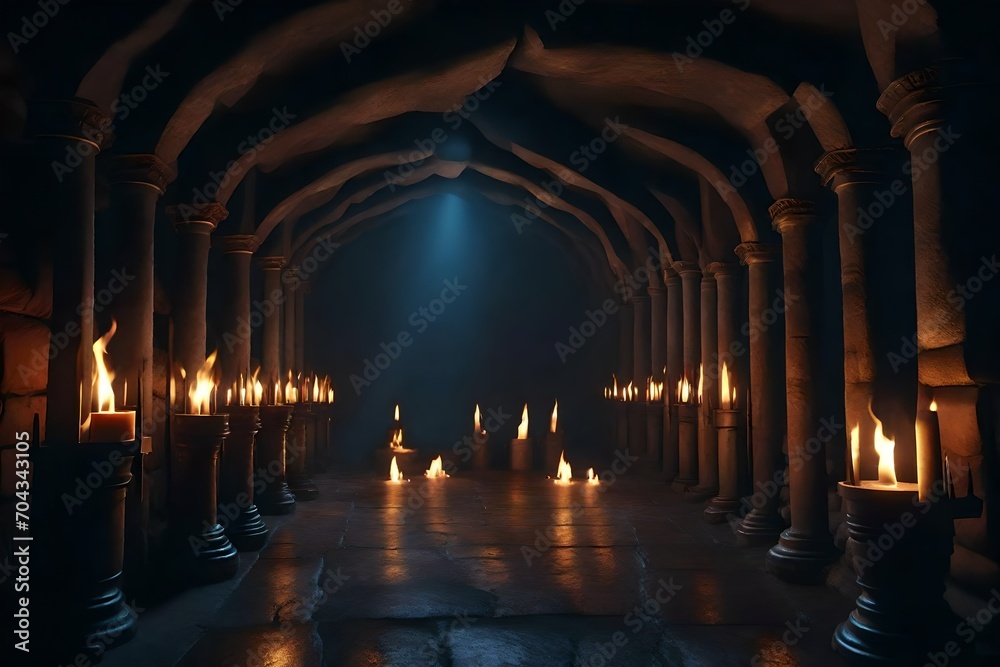 view of a mosque, Scary endless medieval catacombs with torches. Mystical nightmare concept. 3D Rendering