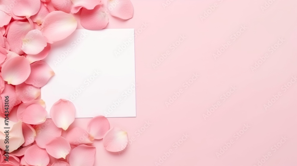 Exquisite rose and blank card on pink background - elegant flat lay composition with ample space for text

