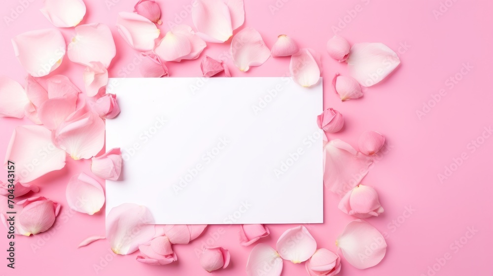 Exquisite rose and blank card on pink background - elegant flat lay composition with ample space for text

