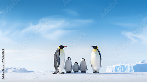Emperor Penguins in Antarctica copy space, generative ai photo
