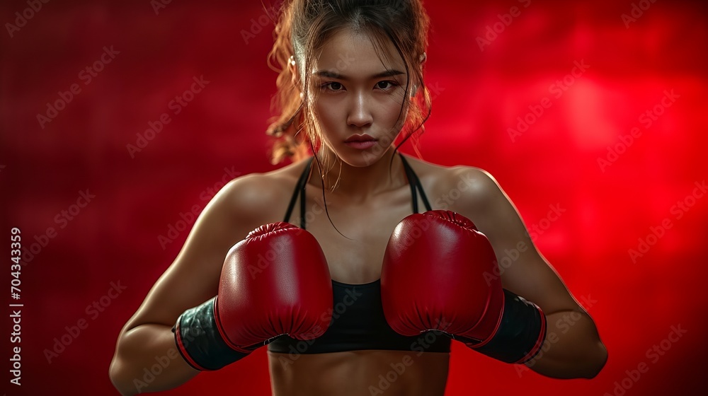 Portrait of a confident young female boxer against a dark studio background.