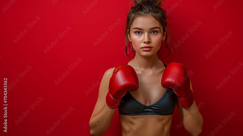 Portrait of a confident young female boxer against a dark studio background. Portrait of a confident young female boxer against a dark studio background.