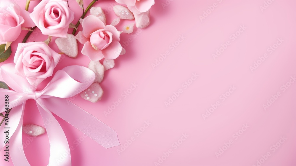 Exquisite roses with ribbon and petals on a pink background, top view – elegant floral composition with copy space
Exquisite roses with ribbon and petals on a pink background, top view – elegant floral composition with copy space