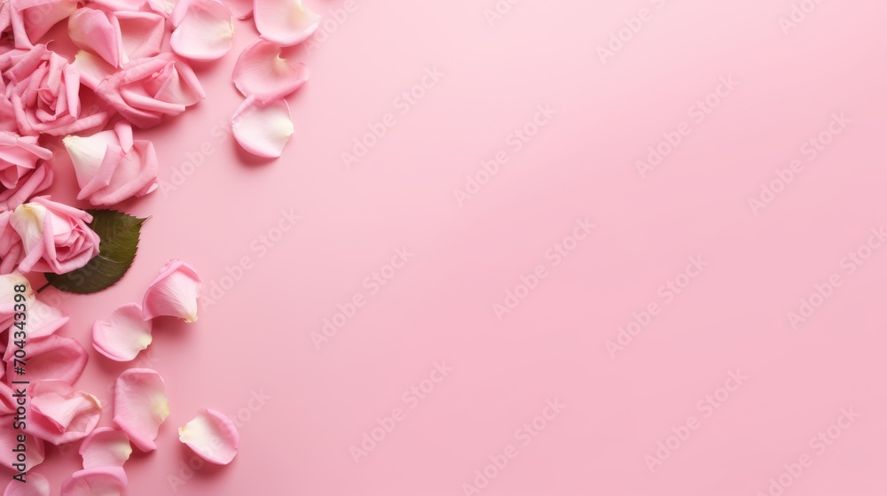 Exquisite roses with ribbon and petals on a pink background, top view – elegant floral composition with copy space

