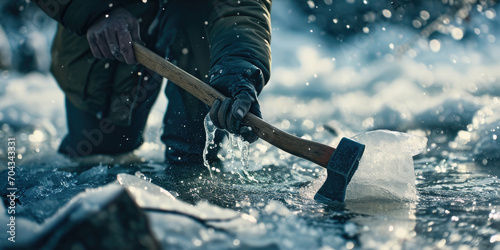 A person holding an axe while standing in water. Suitable for horror or thriller themes photo