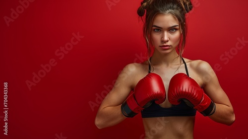 Portrait of a confident young female boxer against a dark studio background. © ND STOCK