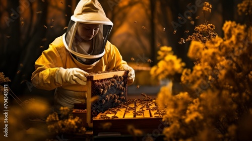 Beekeeper harvesting golden honey from hives in idyllic countryside scene
