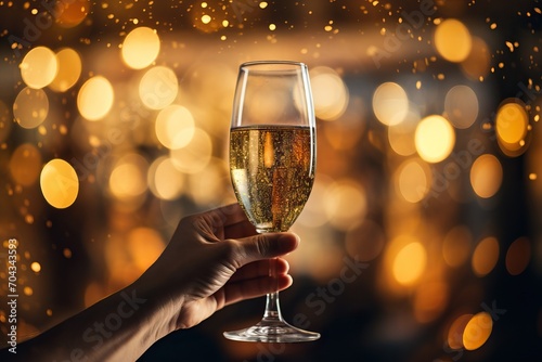 a hand holding a champagne glass, bokeh effect with shiny light rays - glitter festive setting