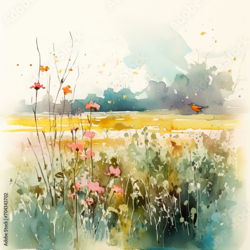  a watercolor painting with painting blotches, loose gentle strokes - autumn fields landscape © Dana