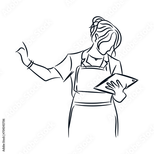 Female businesswoman working with tablet digital. Line hand drawn sketch vector illustration
