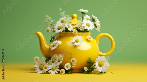 Vibrant spring bliss: 3d render of fresh chamomile bouquet in vintage yellow teapot on a sunny yellow background
