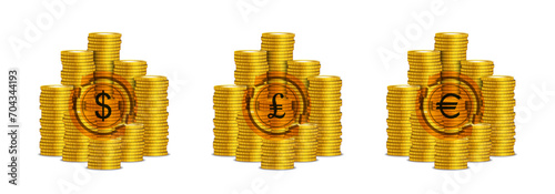 Vector set of gold coins. 3d stacks of metal tokens. Signs of world currencies, dollar, pound and euro. Big piles of money. Cashback. White isolated background.