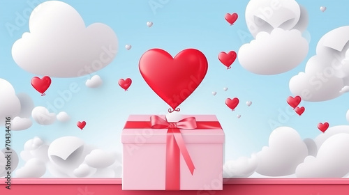 gift box with heart balloon floating in the sky. happy birthday paper illustration