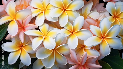 Vibrant frangipani blooms  close-up floral photography with exquisite petals and soft focus  tropical nature background  