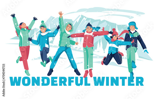 A group of happy winter children are jumping on the background of snowy mountains. Winter children s camp. Winter outdoor activities. Vector flat illustration