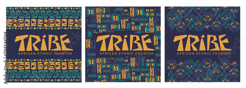 set of square african and ethnic ornaments backgrounds. Lettering and card design. Vector flat illustration