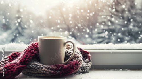"Cozy Reprieve: Steaming Hot Cocoa Mug Wrapped in Knitted Warmth Against a Snowy Windowpane - The Essence of Winter Comfort
