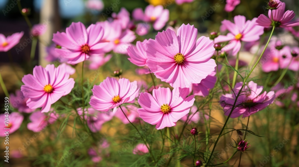 Vibrant cosmos flower blossom in a lush garden - colorful floral scene in full bloom

