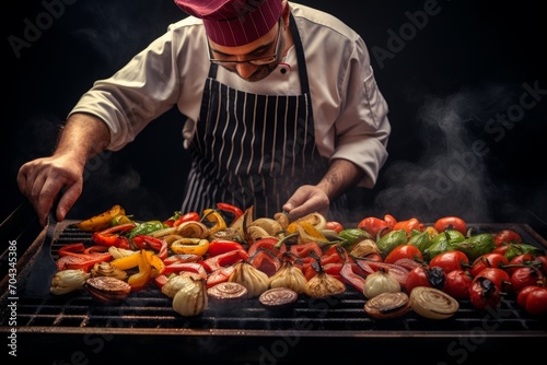 Photo of a chef grilling fresh vegetables on skewers. Generative AI