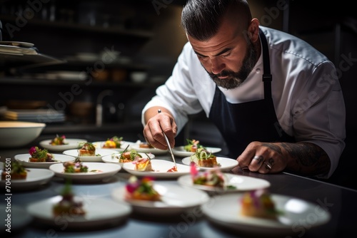 Photo of a chef plating a gourmet tasting menu. Generative AI