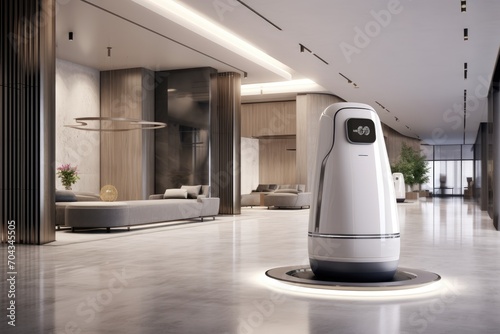 Modern domestic robot in a luxurious living room interior at night, concept of futuristic smart home technology. photo