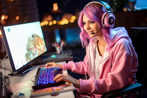 Girl gamer in headphones plays video games on PC