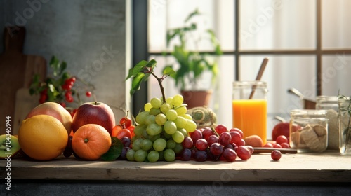 Colorful array of fresh fruits arranged on kitchen counter     healthy nutrition concept  