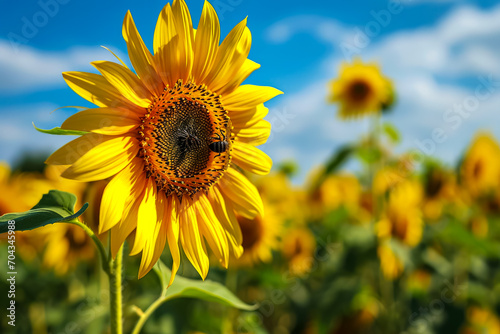 sunflower and a bee in a summer field