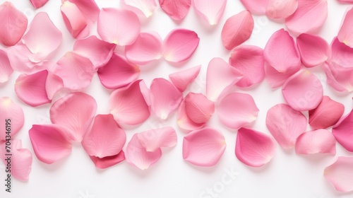 Vibrant top-view composition of fresh pink rose petals on a clean white background – floral elegance and purity concept for design and creativity