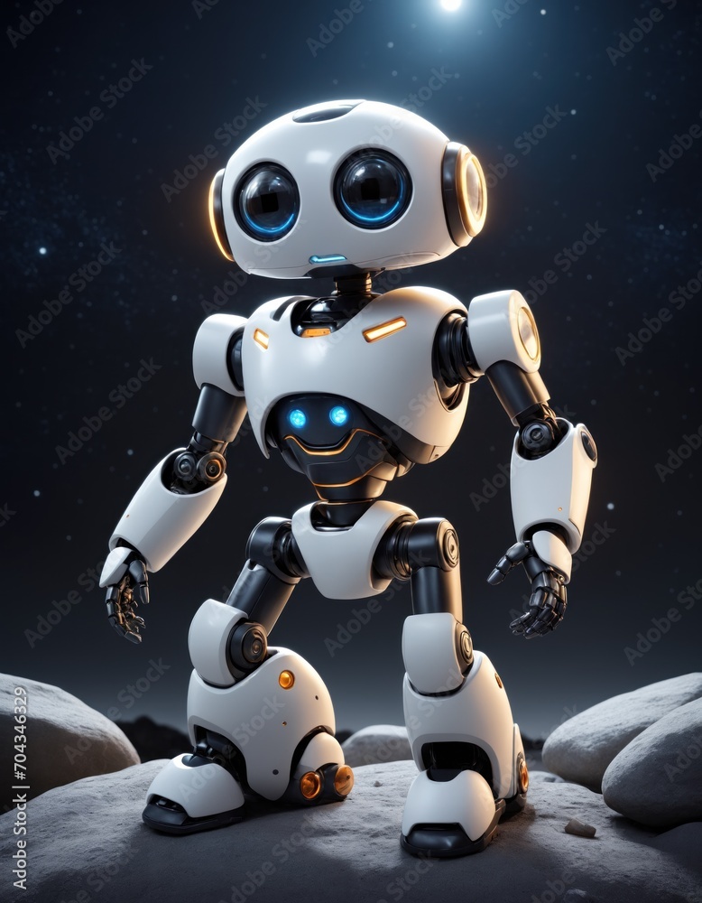 a robot standing on a rock with stars in the background a robot standing on a rock with stars in the background