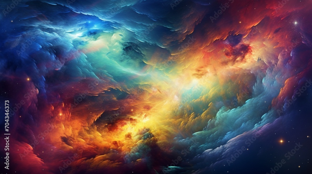 A cosmic journey through a nebula-filled galaxy, with vibrant colors swirling in space