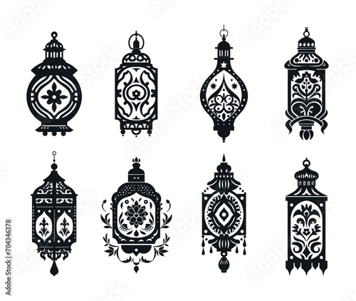 Ramadan Kareem card. Arabic lanterns with ornament. Vector illustration.