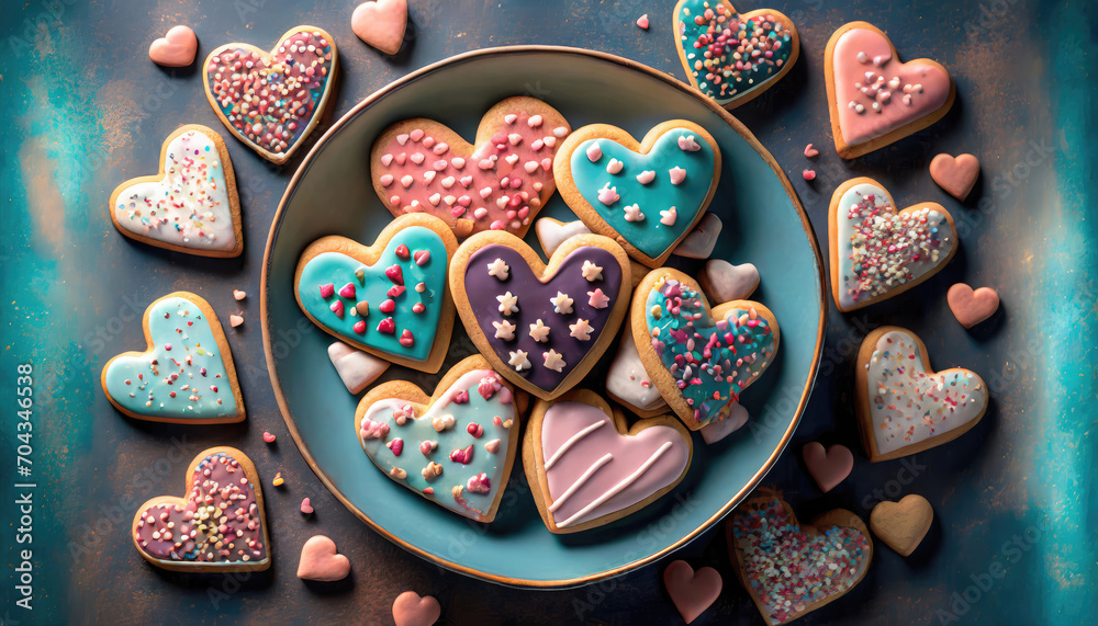 Heart shaped delicious cookies in a plate. Top view. Valentines day concept. - obrazy, fototapety, plakaty 