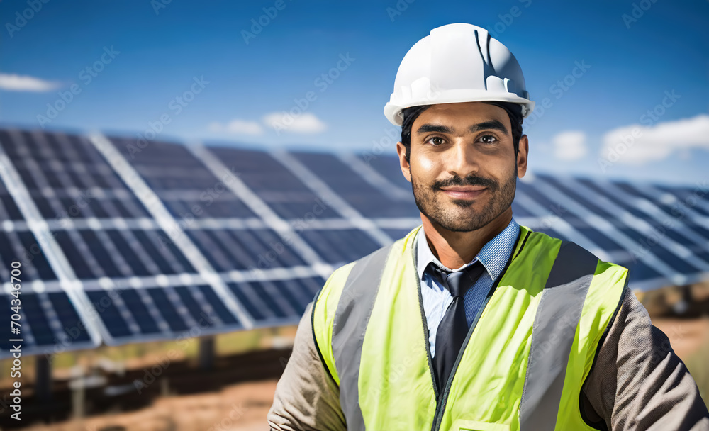 Portrait of a male Latino engineer in font of solar panels. Portrait of a male Latino engineer in font of solar panels.