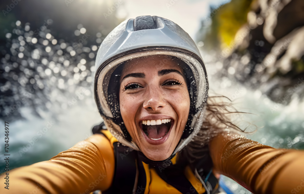Beautiful young Caucasian woman having fun over the canoe or kayak and taking a selfie at river rafting. Beautiful young Caucasian woman having fun over the canoe or kayak and taking a selfie at river rafting.