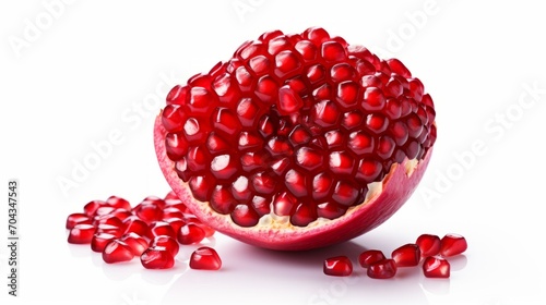 Vibrant pomegranate slice with glistening seeds - freshness captured on white background photo