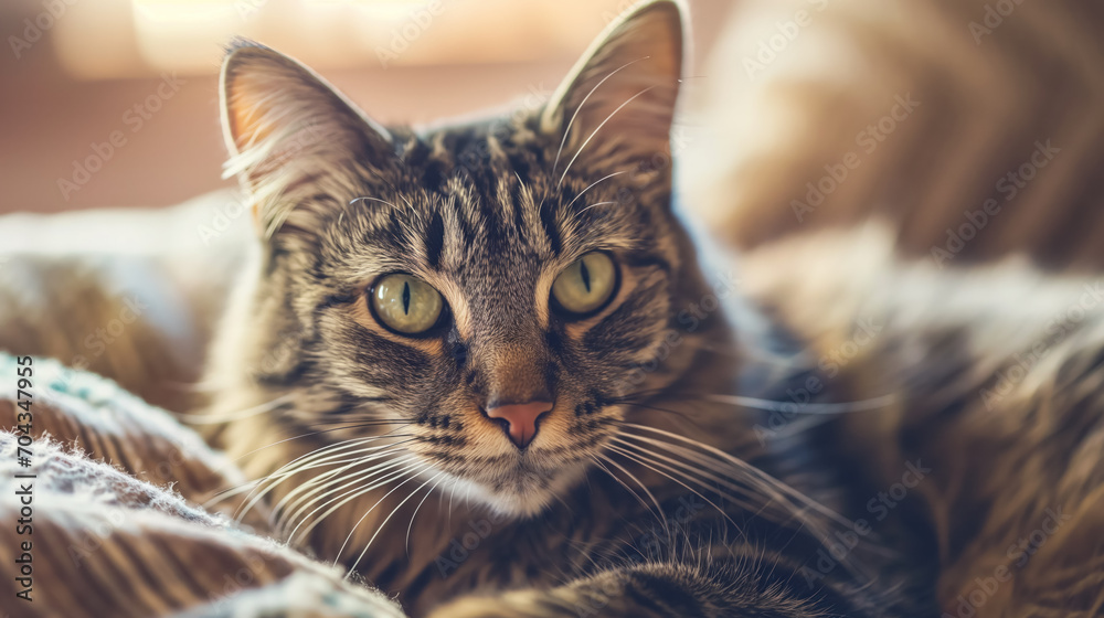Naklejka premium Tabby cat lounging in a cozy spot.