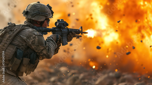 Soldier firing amidst an explosion.