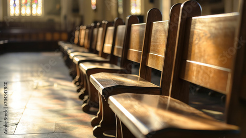 Sunlit wooden benches in a serene chapel. photo