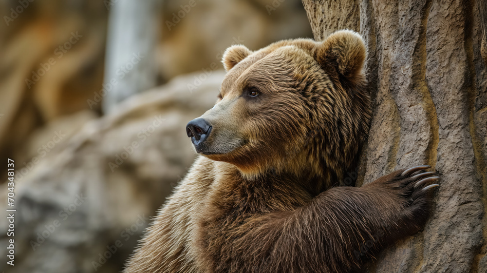 Obraz premium Bear leaning on a tree looking thoughtful.