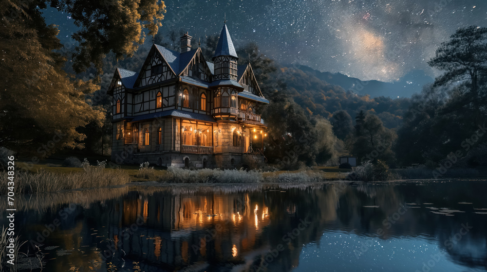 Fototapeta premium Illuminated house by a lake under starry sky.