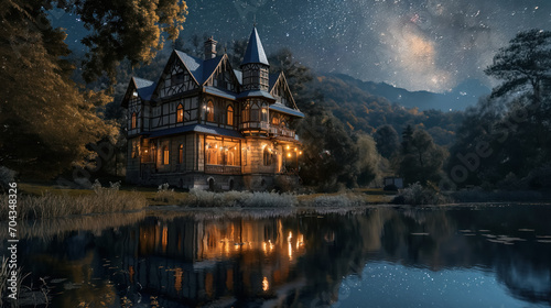 Illuminated house by a lake under starry sky.