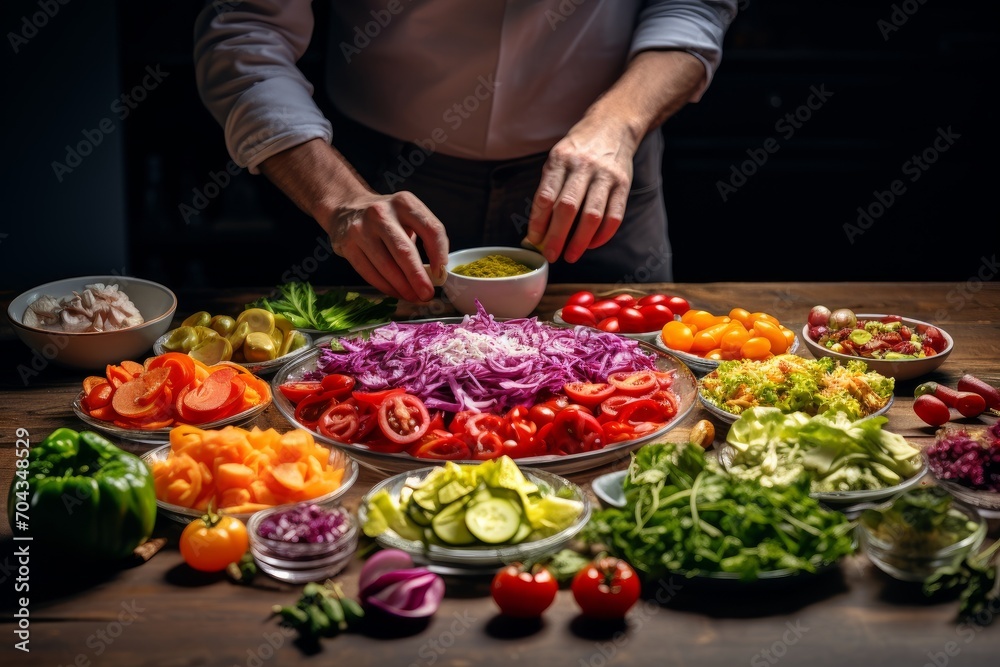 Photo of a food stylist arranging a colorful salad. Generative AI