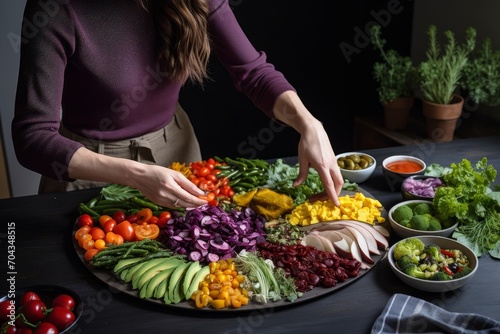 Photo of a food stylist arranging a colorful salad. Generative AI